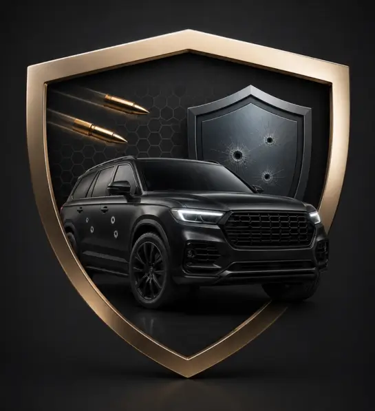 Escudo metálico com SUV blindado protegido contra disparos, simbolizando blindagem veicular certificada, segurança patrimonial, proteção balística e tecnologia de defesa automotiva.