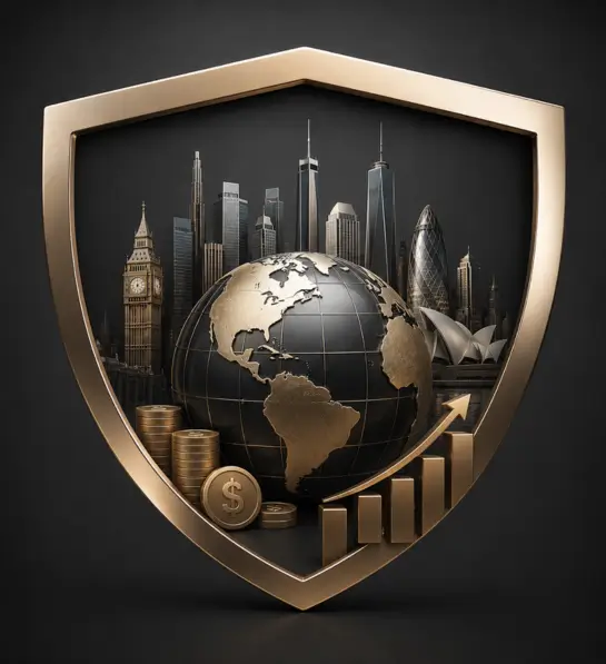 Escudo de proteção representando investimentos internacionais, diversificação de patrimônio, aplicações no exterior, mercado financeiro global, crescimento de capital e segurança para investidores brasileiros.