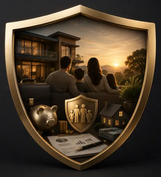 Ilustração 3D de um escudo dourado envolvendo uma família, residência moderna, documentos financeiros, cofre, moedas e símbolos de patrimônio, representando planejamento patrimonial, proteção financeira e segurança familiar.