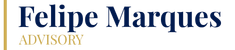 logo com nome felipe marques em azul e advisory em amarelo ouro