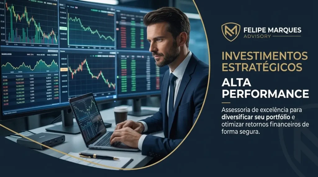 "Banner horizontal com fundo em azul-marinho e divisão curva com detalhe dourado. Na esquerda, um gestor de investimentos analisa gráficos e telas de alta performance em um escritório executivo. Na direita, o logotipo 'Felipe Marques Advisory', o título 'Investimentos Estratégicos' e a descrição sobre assessoria para diversificação de portfólio."
